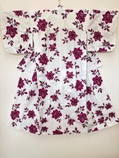 Vintage Japanese Yukata Cotton Kimono White Purple Floral Summer Robe 144cm