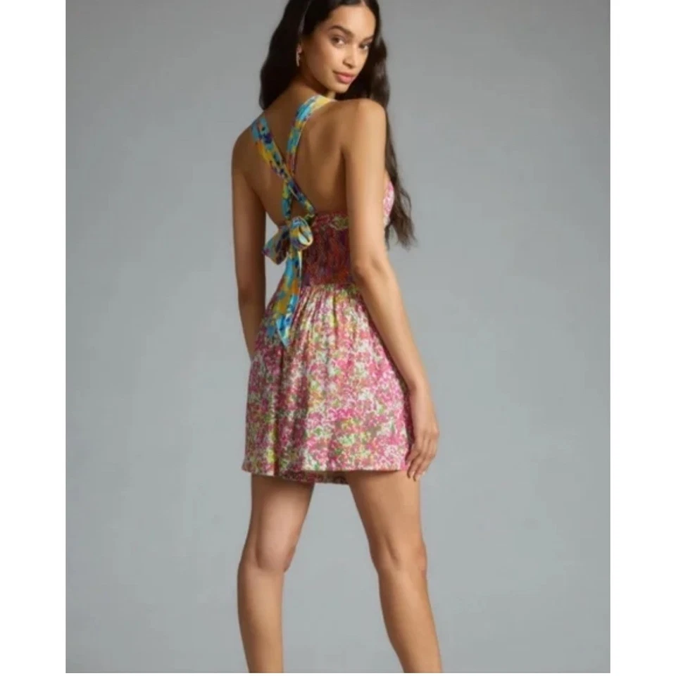 Anthropologie Plenty Tracy Reese Floral Romper V Neck Back Tie Sleeveless Small - Image 3 of 4