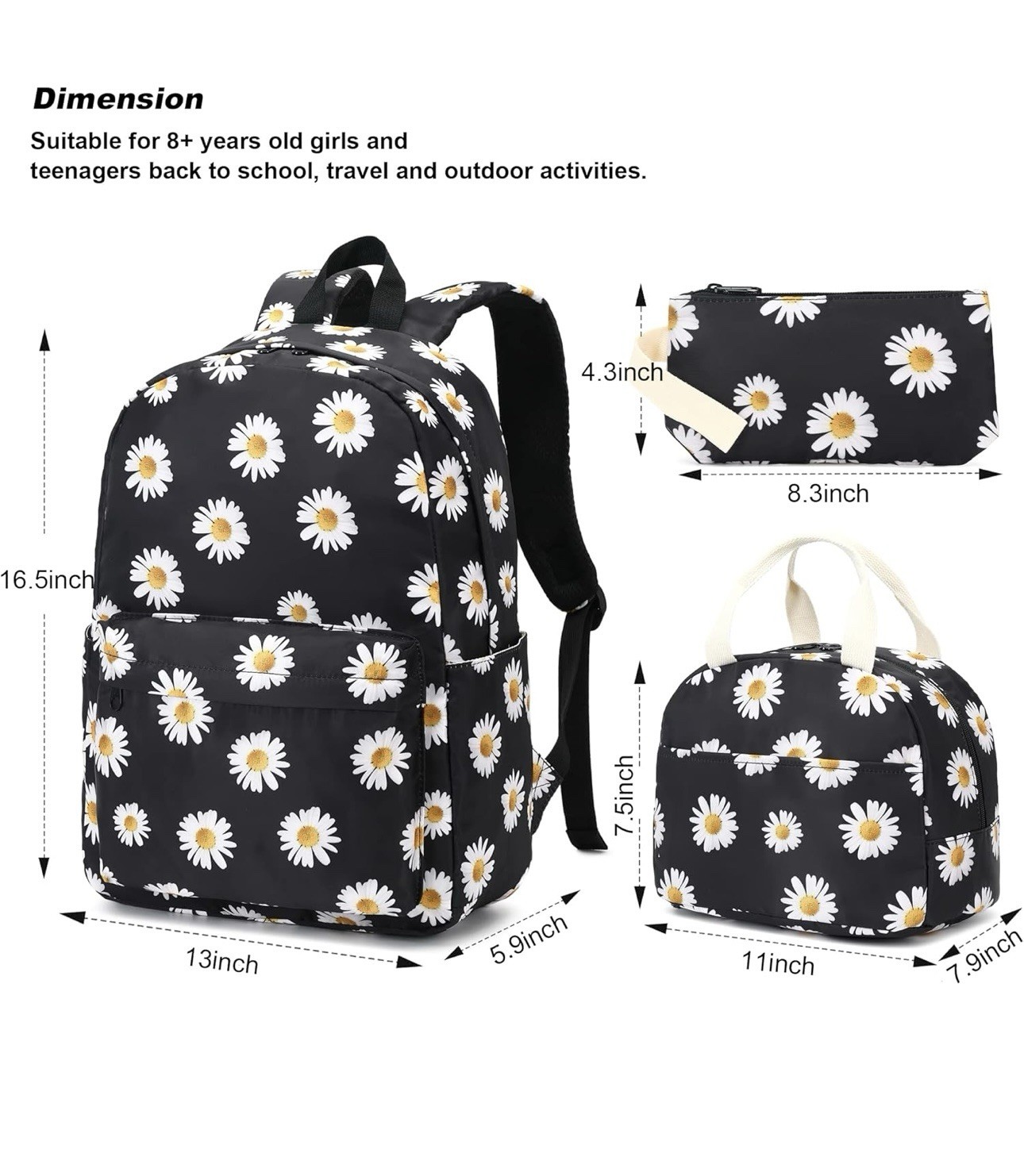3in1 School Backpack for Girls, Daisy, Kids Book-bag w/ Lunch Box & Pencil Bag image 3