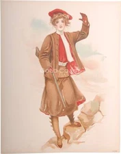Hunting Lady w/Rifle/Gun 1908 Victorian 10x13 Color Litho Print-Chromolithograph