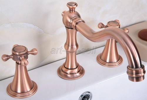 Antique Red Copper Double Cross Handles 3 Holes Widespread Bathroom Sink Faucet - Bild 5 von 9