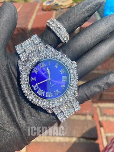 HIP HOP ICED BLING OUT SILVER PLATED LAB DIAMOND WATCH & BRASS RING MEN GIFT SET - Picture 20 of 23