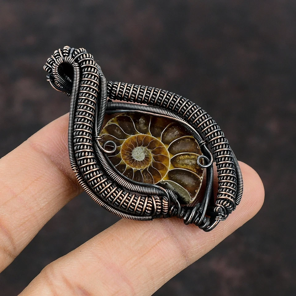 Ammonite Fossil Jewelry Copper Gift For Bridesmaid Wire Wrapped Pendant 2.36" - Image 2 of 4