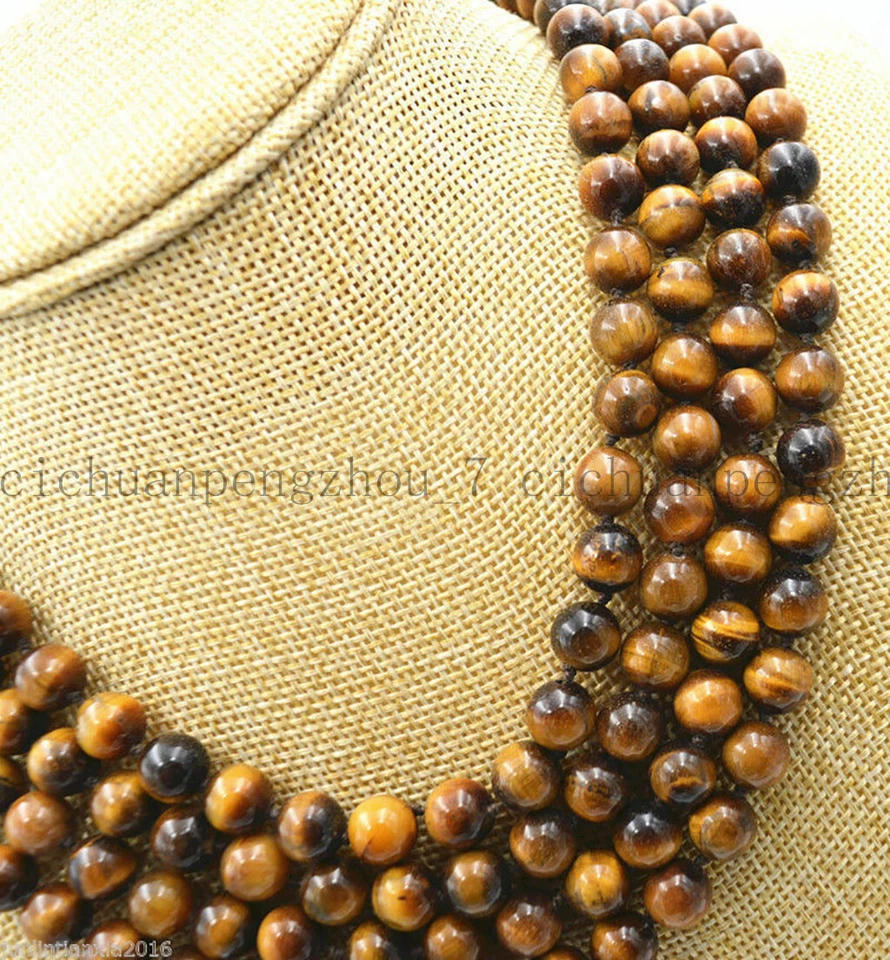 Hermoso collar de cuentas redondas ojo de tigre natural de 4 filas 6/8/10 mm 17-20" AAA Foto 3 de 3