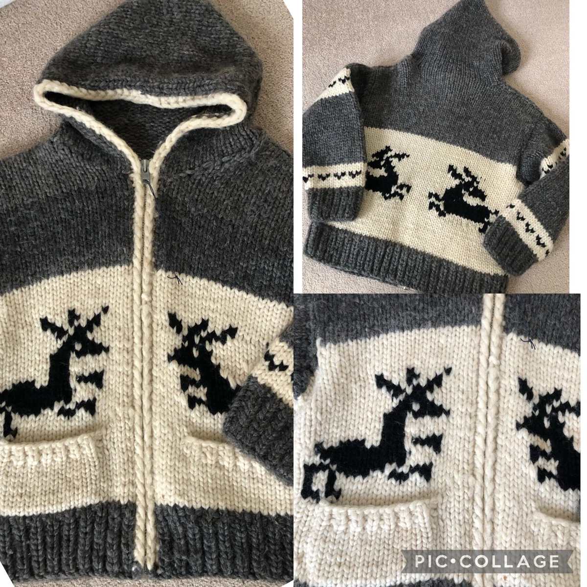 Genuine Cowichan Sweater Deer chunky knit 100 Wool Hooded