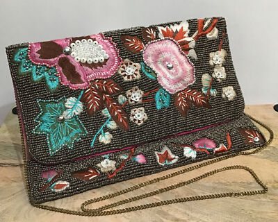 LA CHIC Women s Clutch/Shoulder Bag Multi/Gold Chain Gold/Beige/Pearls NEW