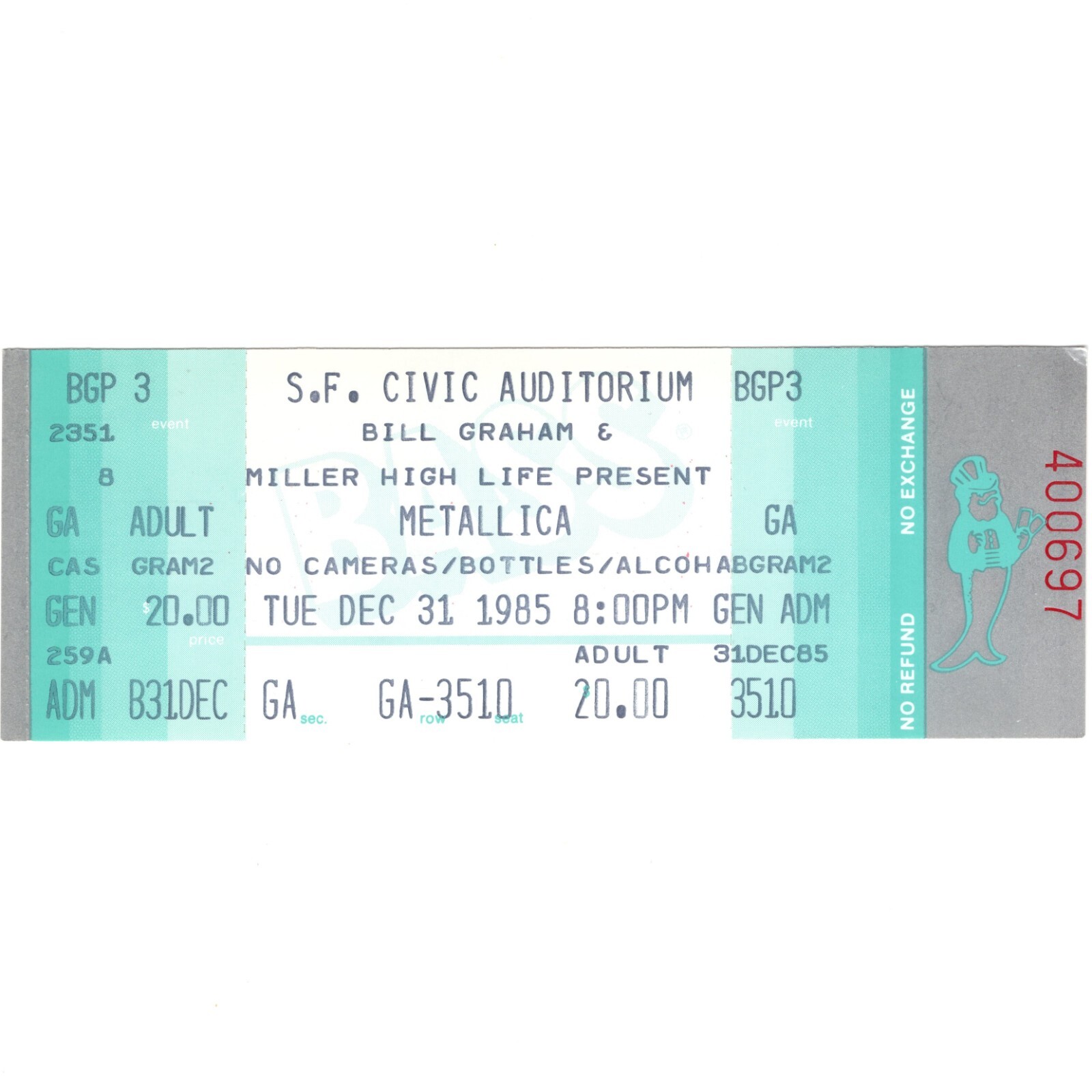 METALLICA Full Concert Ticket Stub SF 12/31/85 CLIFF BURTON Ride The Lightning