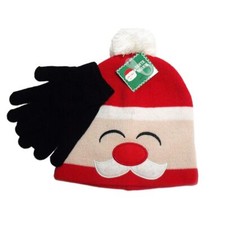 Christmas Santa Kids Knit Beanie  Black Gloves Set Warm Winter Hat NWT