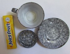 3 PCs OLD AUTHENTIC ORIG. ANTIQUE TOY ENAMEL GRAY  WHITE GRANITEWARE ENAMELWARE