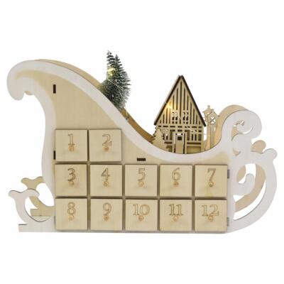 Weihnachts-Adventskalender Holz-Schlitten 10 LED Batterie Timer Weihnachten Xmas