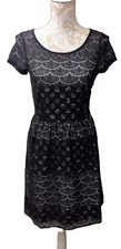 Maison Jules Dress Womens S Black Lace Overlay Cap Sleeve Polka Dot Hem Witchy