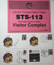 STS-113 - 3 Crew patch covers w/2 autographs & Launch View Pass