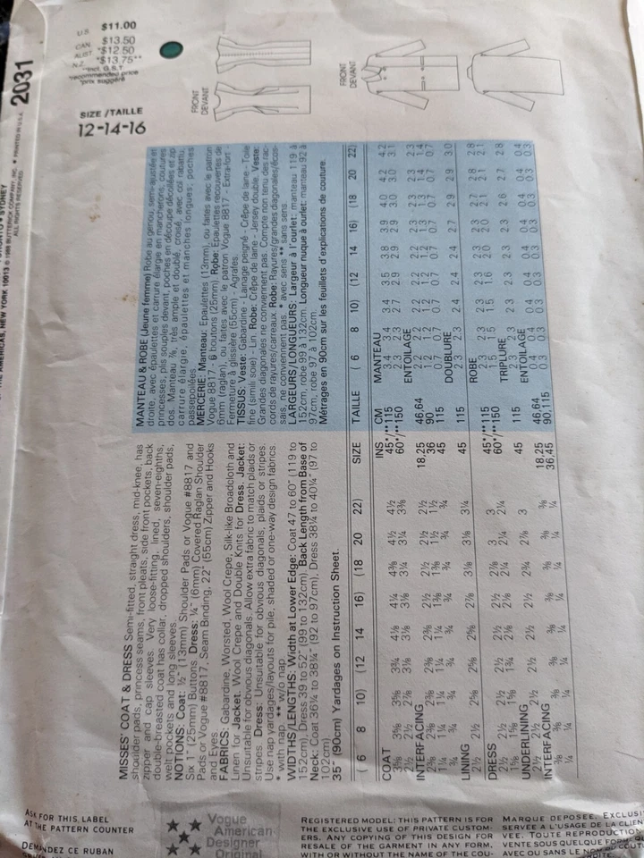 Vogue Pattern 2031 Career Geoffrey Beene Jacket & Dress Size 12 14 16 Uncut - Image 2 of 3