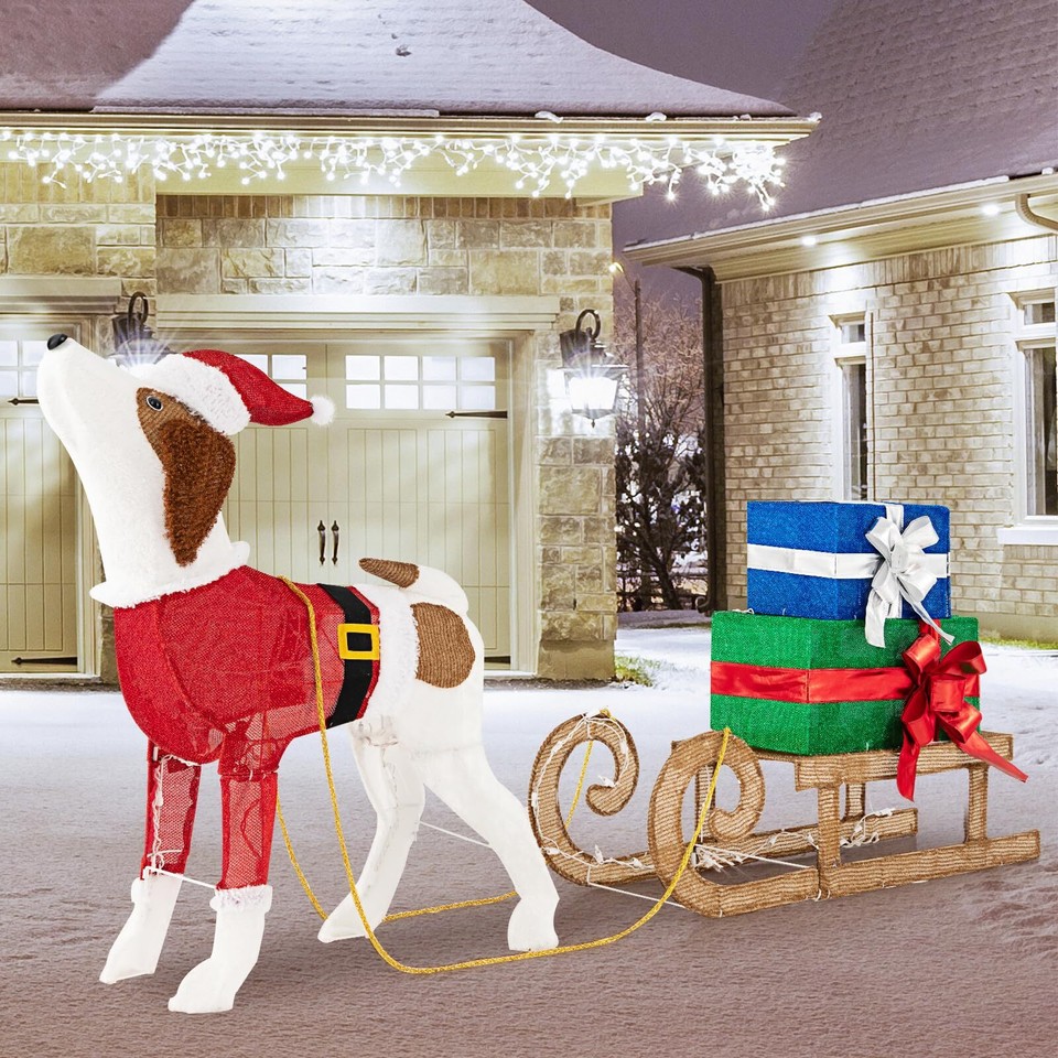 Tangkula Lighted Christmas Dog with Sleigh & Gift Boxes Combo