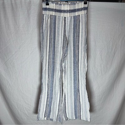Linen Blend Striped Wide Leg Blue White Smocked Pants Indigo Rein Womens Size M