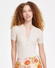 GUESS Women's Top Sz L Anders Ribbed Henley-Neck Bodysuit