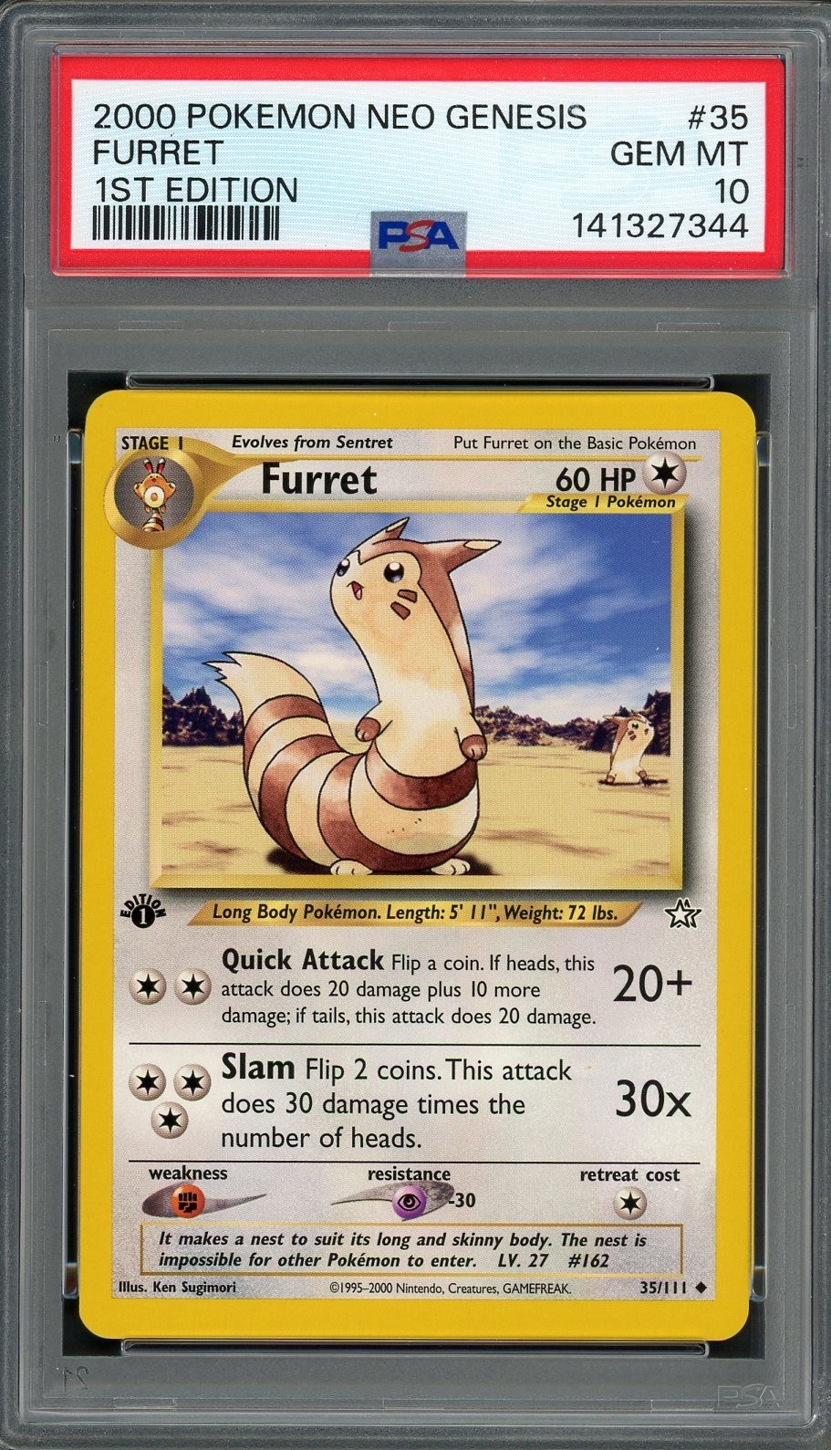 PSA 10 Furret (1st Ed.) Neo Genesis 35/111 Pokemon Card B8