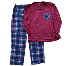 Women's Loungewear Pajama Set 2 Red  Navy Blue Plaid Bottoms Long Sleeve Size M