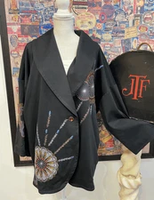 Antthony Black Artsy Embroidered Ponte Knit Jacket Blazer Topper L NEW