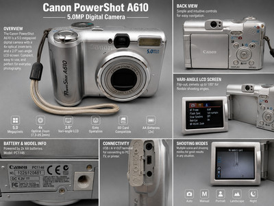 Canon PowerShot A610 5MP Digital Camera 4x Optical Zoom Flip LCD Tested Works