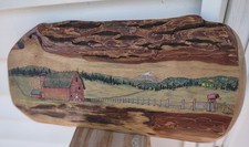 Vintage Signed Hand Painted Farm Scene On Wood Bark