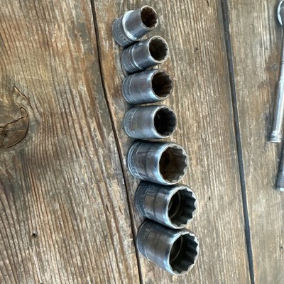 S-K  1/2 Drive SAE 7 Sockets lot  early marks 12 pt  1  1-1/8  1-1/16  3/4 11/16