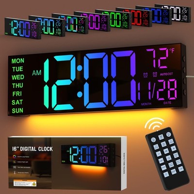 16'' große digitale Wanduhr für Schlafzimmer, LED Uhr mit Fernbedienung