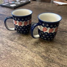 boleslawiec Poland Mug Strawberry Hand Made Polish Pottery coffee mug set 2 Blue