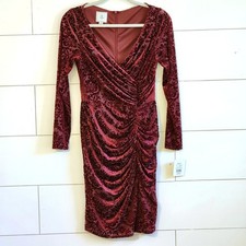 DB Dress Sz 6 Burgundy Flocked Velvet Burnout V Neck Ruching Slim Whimsigoth NWT