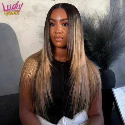 Dark Root Straight Human Hair Pre Plucked Lace Frontal Wigs Brazilian Glueless