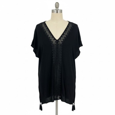Kona Sol Black Crochet Trim V-Neck Swim Cover Up Tunic Large