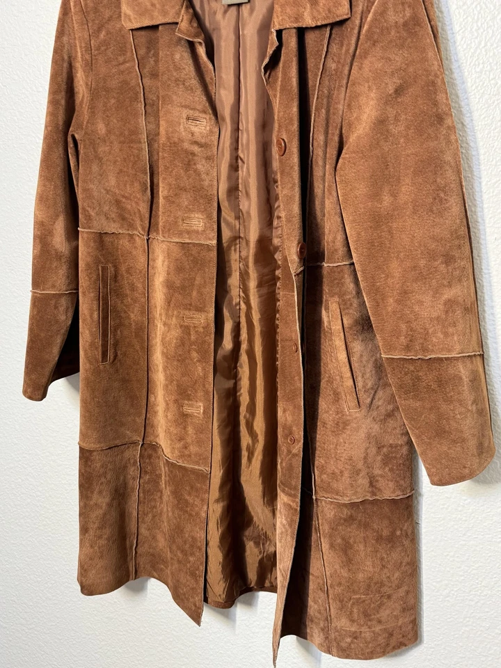 Abrigo de cuero Brandon Thomas para mujer mediano marrón gamuza retazos forrado trinchera Y2K Foto 3 de 4