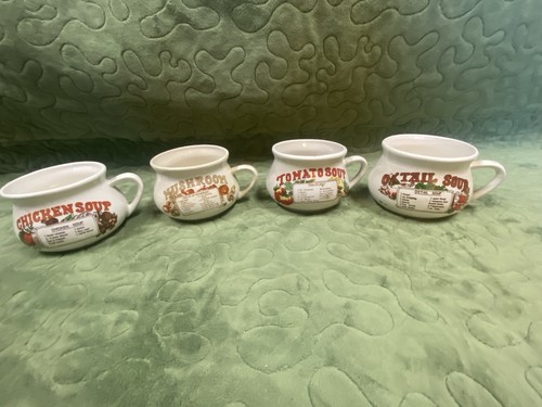 Vintage Ceramic Recipe Soup Mugs - Chicken, Mushroom, Tomato, Oxtail - 4 Piece