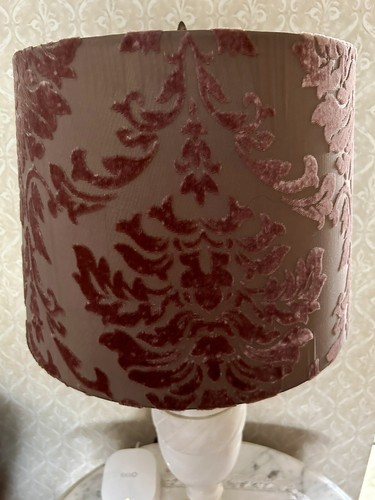 Drum Lamp Shade Fabric Damask Design Taupe w Raised Mauve Velvet Pre-owned - Picture 2 of 6