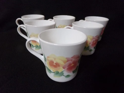 Corelle Corning Summer Blush Pansy Set of 6 Cups Mugs Floral Coffee Tea...