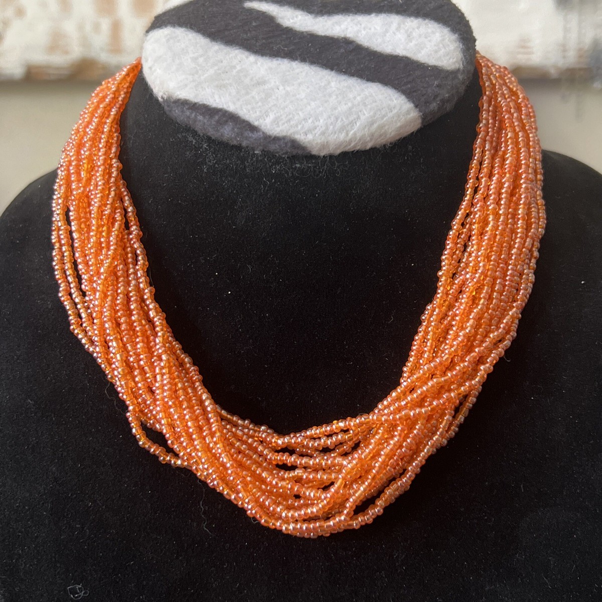 Multi Strand Bright Orange Seed Bead Collar Choker Necklace, 16” Spring  Summer