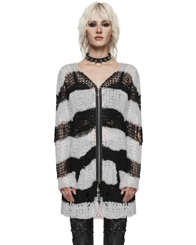 Punk Rave Womens Gothic Striped Shredded Cardigan Sweater Top White Black - Picture 4 of 12
