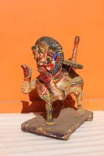 OLD VINTAGE WOODEN YALI CARVED LION FIGURE RARE INDIAN DECOR COLLECTIBLE