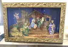 Vtg Musical Animated Nativity Shadow Box Moving Wiseman, angel and shepherd boy