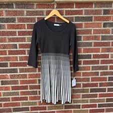 Calvin Klein Textured Cream and Grey Scalloped Hem Wide Sleeve Sweater Dress