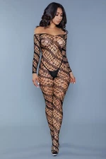 sexy BE WICKED long SLEEVE diagonal STRIPED net OFF the SHOULDER bodystocking