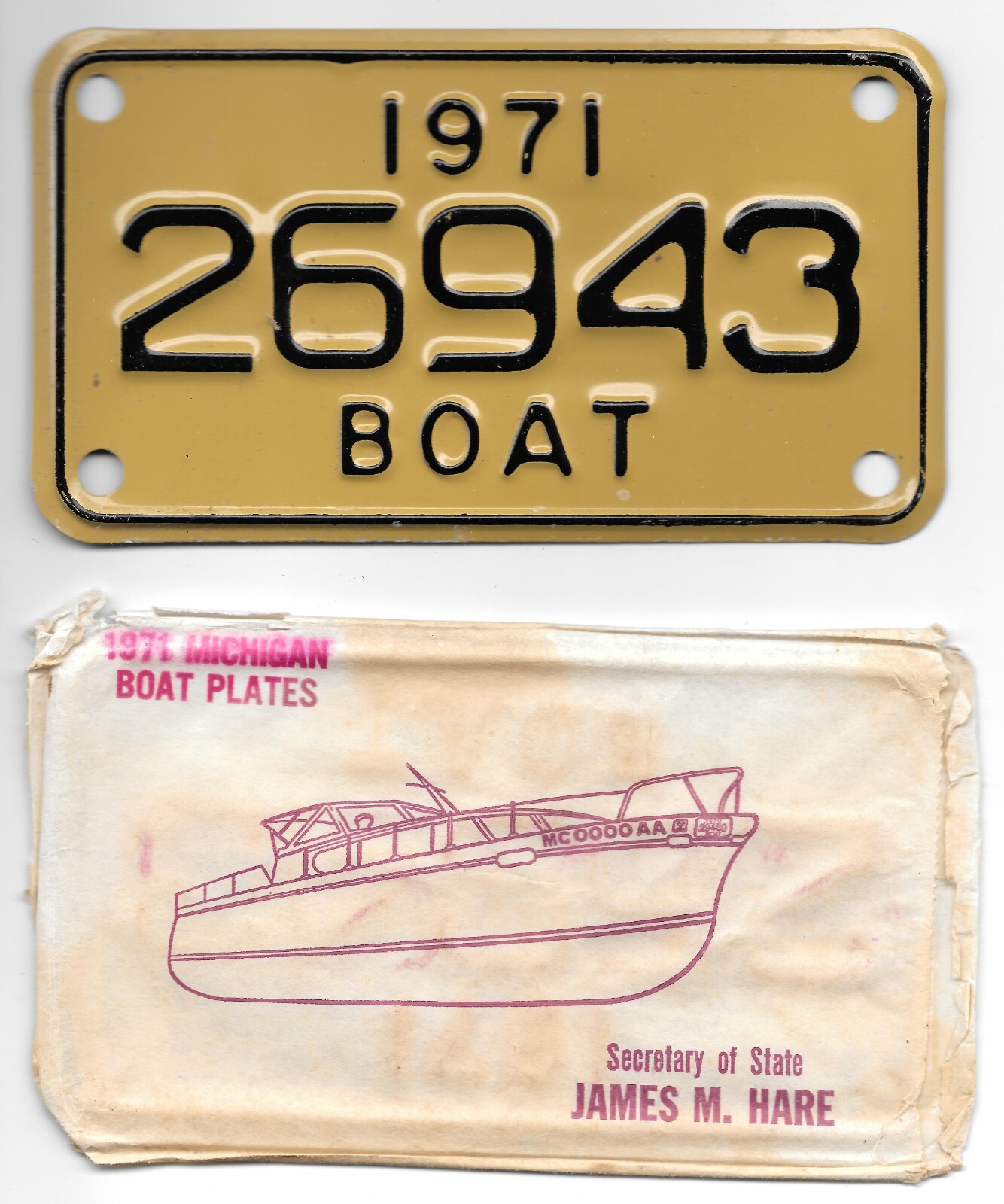 1971 MICHIGAN BOAT LICENSE PLATE MINT/WITH WRAPPER STOCK PICTURE