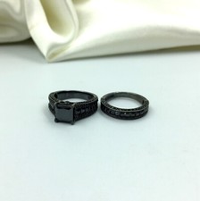 Rich Black Princess  Round Shape Onyx Black Rhodium 935 Silver Women's Ring Set