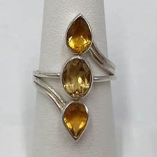 925 Sterling Silver Elongated 3 Stones Golden Yellow Citrine Ring SZ. 6