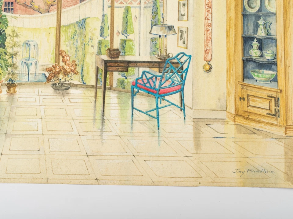 Ilustración de acuarela original diseño interior casa adosada mediados de siglo, firmada Foto 4 de 4