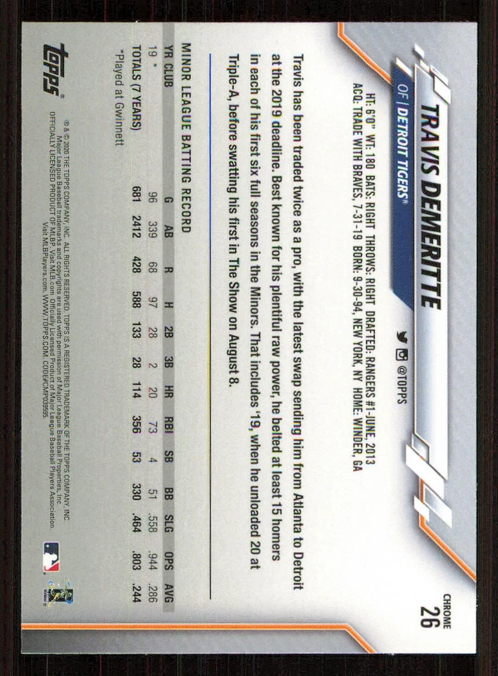 2020 Topps Chrome #26 Travis Demeritte RC - Image 2 of 2