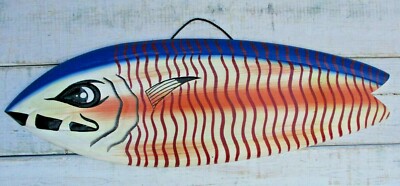 FISH WOOD SIGN ISLAND FISHING DECOR NAUTICAL HAND CARVED PAINTED BEACH HOUSE