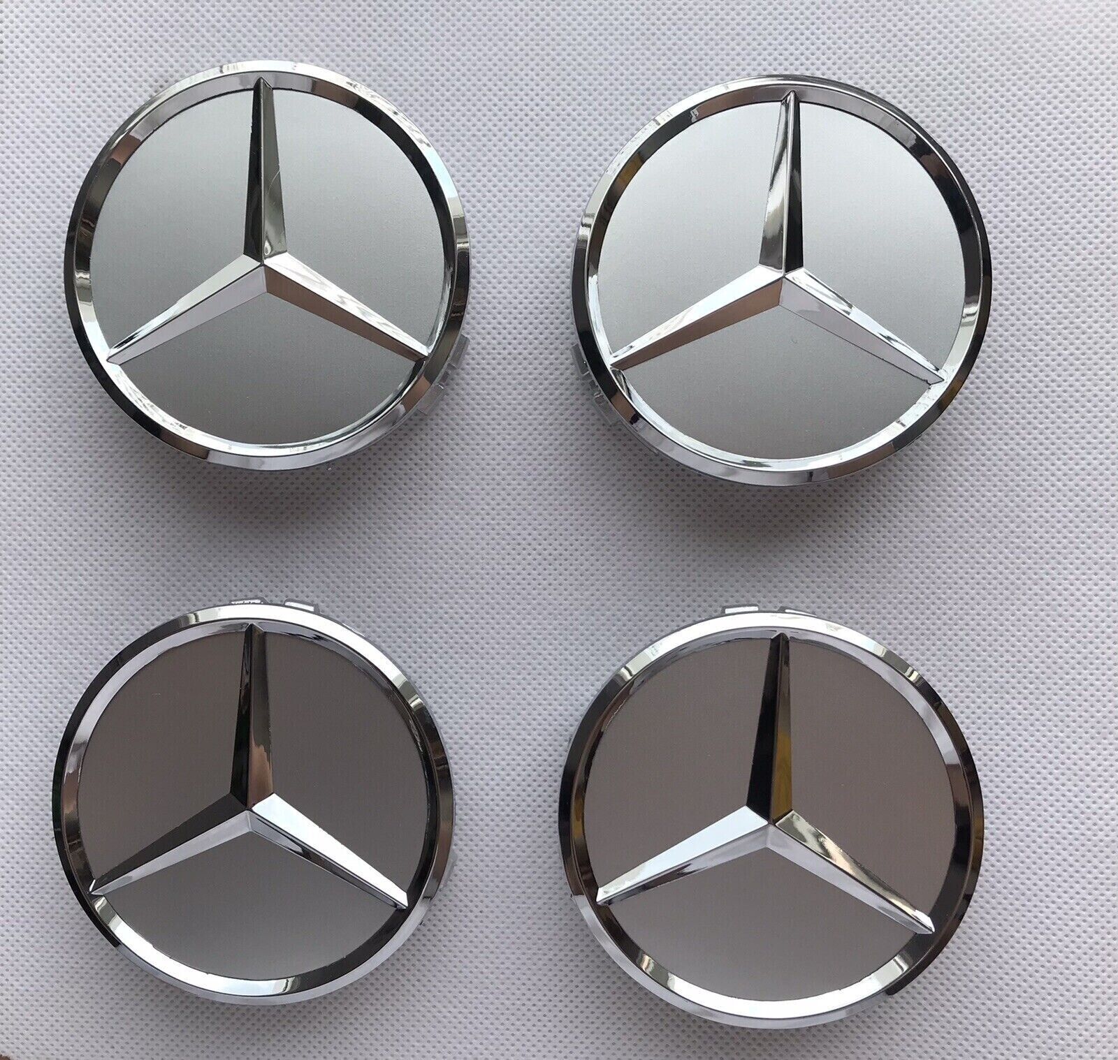 4X Hub Cover 75mm Full Gray For Mercedes Logo Emblem Rim Wheel Center