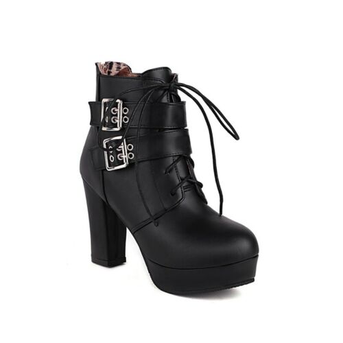 Women's Punk Ankle Boots Round Toe Block High Heel Buckle Platform Shoes 44-48 D - Picture 15 of 17