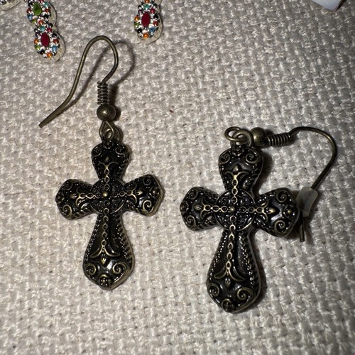 Mixed Lot of 3 Pairs Assorted Dangling Crosses Pierced Earrings - Picture 2 of 4